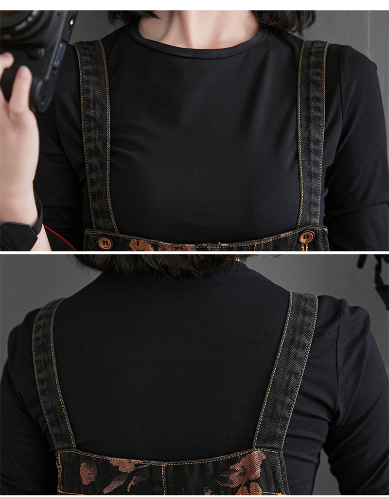 Loose Jeans Black Jumpsuit Casual Ladies Big Pockets Print Floral Denim Overalls Straps Rompers - MERGE.DAY.1.FREESTYLE