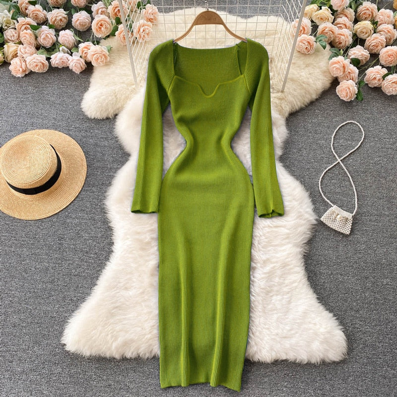 Strapless Ribbed Knitted Bodycon Dress Women Winter Long Sleeve Midi Sweater Dress - MERGE.DAY.1.FREESTYLE