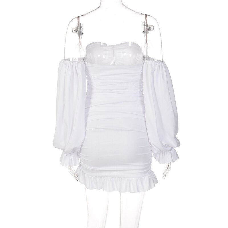 Off Shoulder Long Loose Flare Puff Sleeve Ruched Mini Dress - MERGE.DAY.1.FREESTYLE