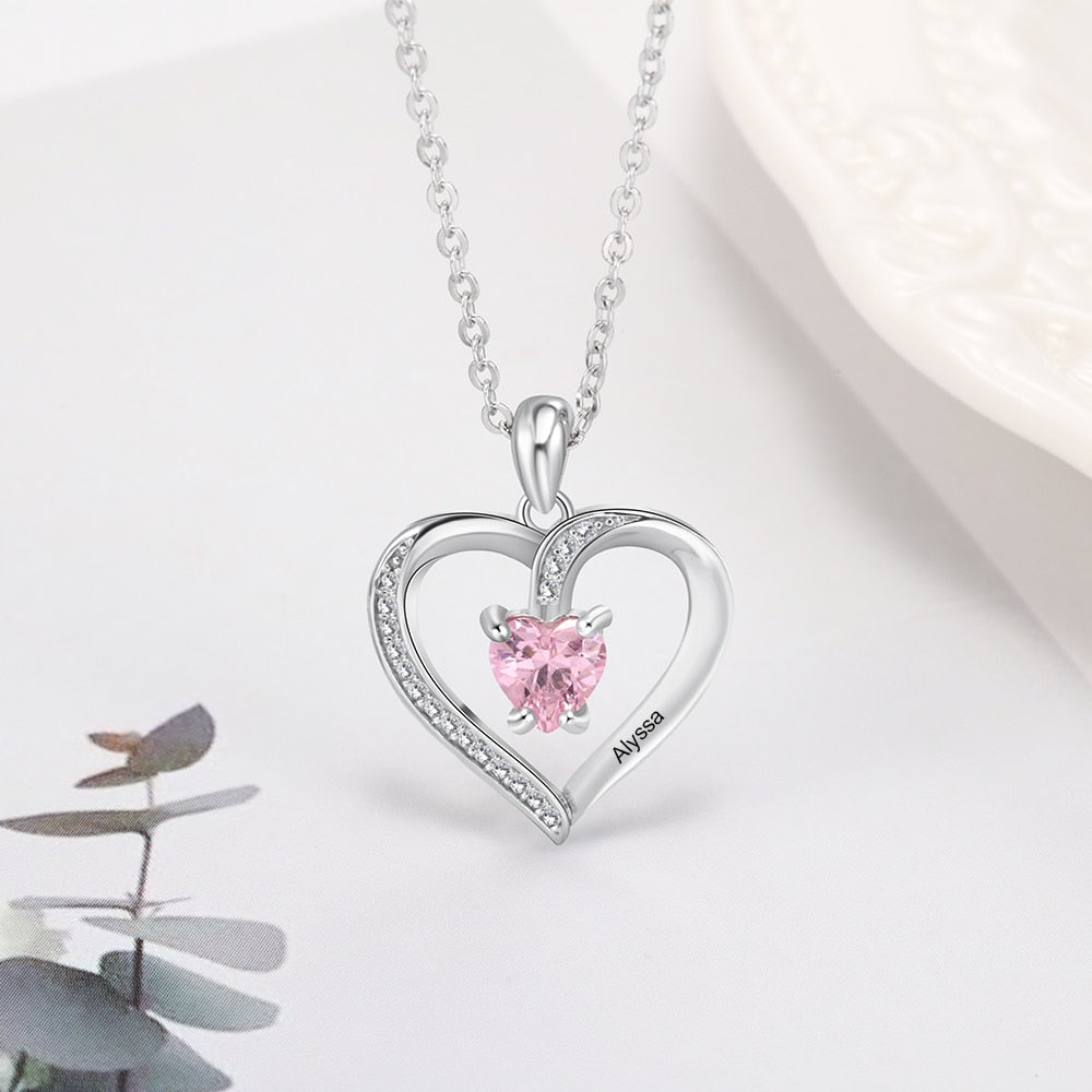 Engrave Name Heart Pendants with Customize Birthstone Necklace - MERGE.DAY.1.FREESTYLE