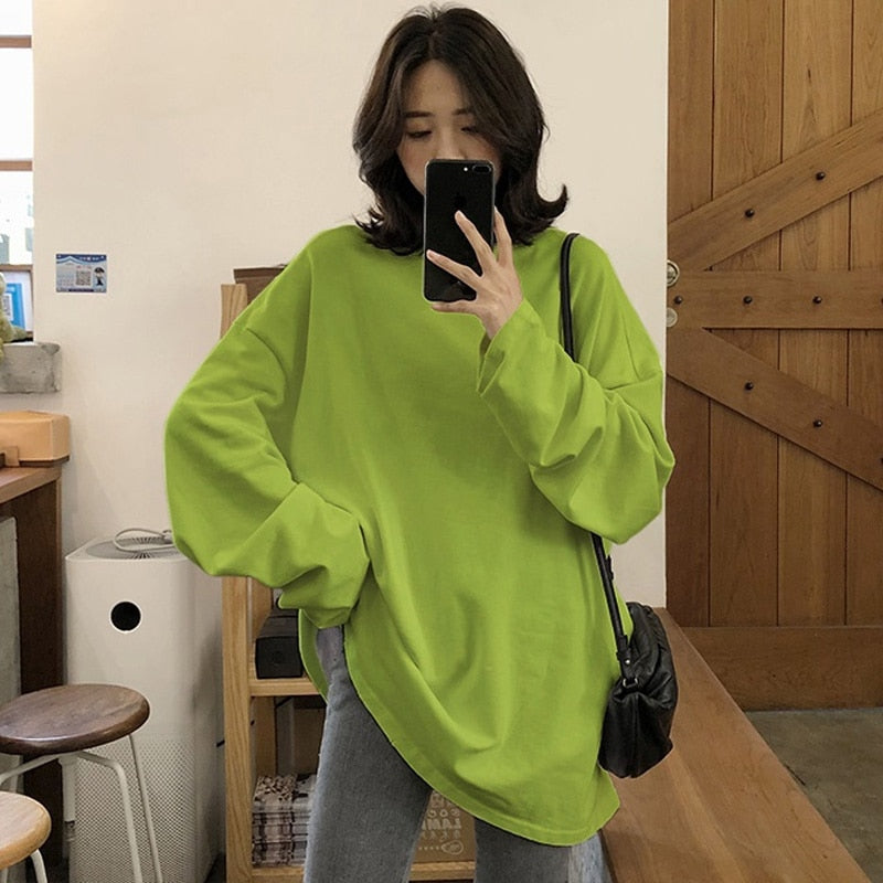 spring autumn Solid long Sleeve oversized tshirt harajuku long T Shirt Women kawaii T-shirts - MERGE.DAY.1.FREESTYLE
