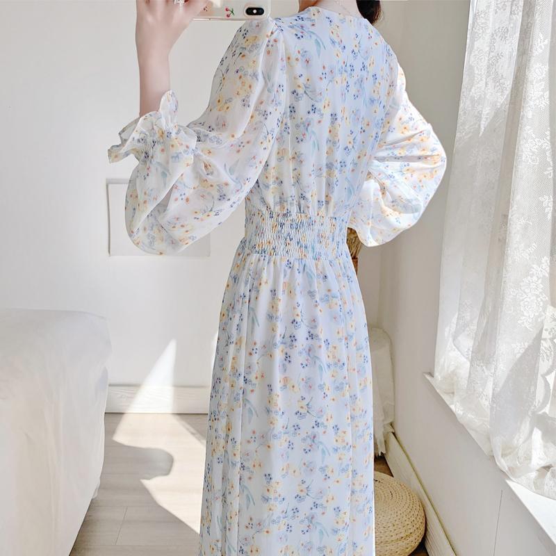V-neck Chiffon Floral Dress Women Spring Summer Fairy Long Dresses Female - MERGE.DAY.1.FREESTYLE