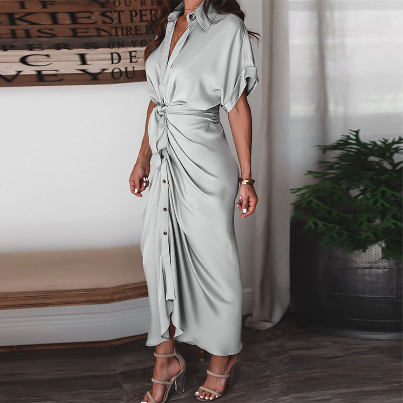 Vestido largo elegante de verano para mujer, de manga corta, con abertura, cuello tipo polo, botones y drapeado para fiesta