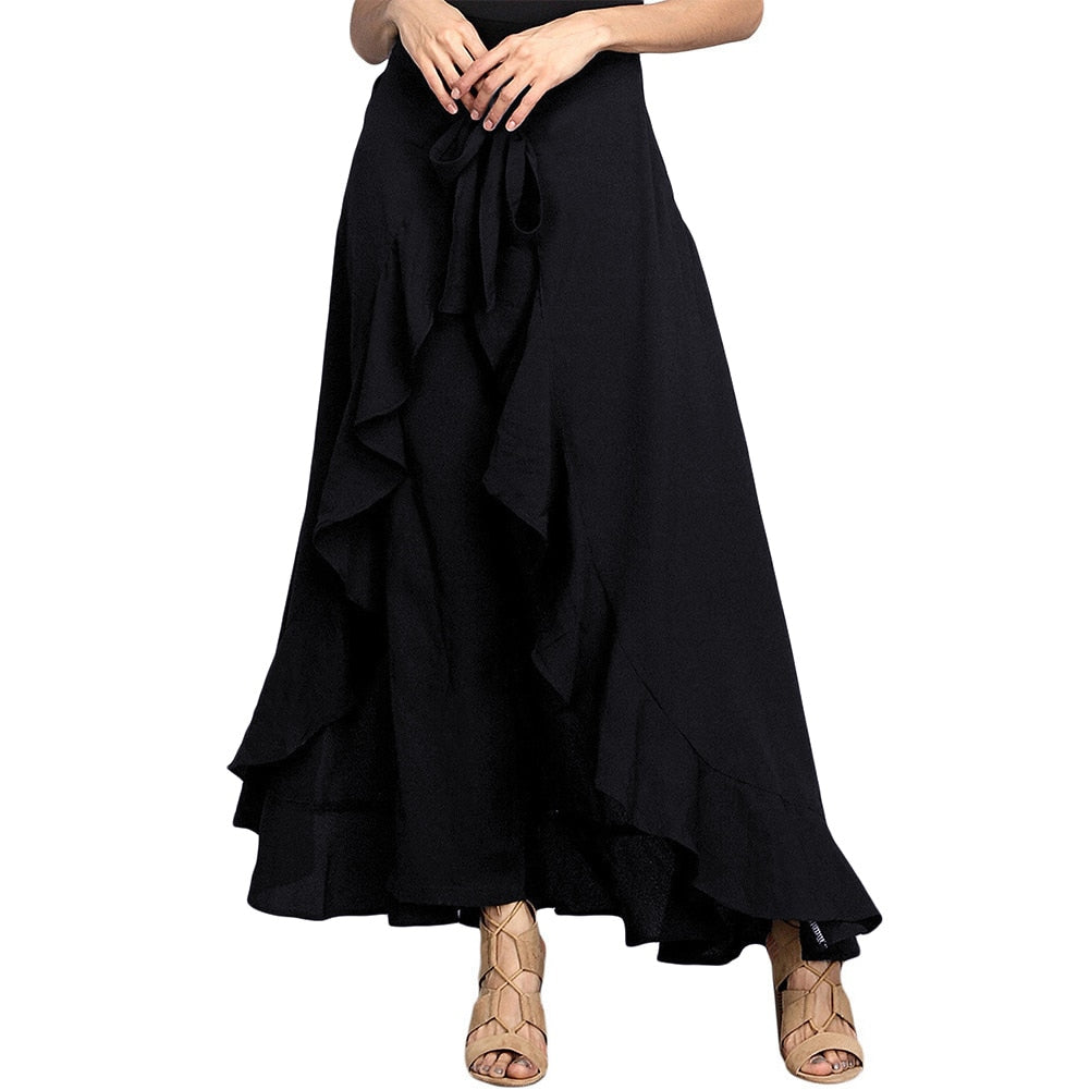 Women Pants Causal Ruffle Drawstring TrouserHigh Waist Loose Dancing Outfits Palazzo Skirt - MERGE.DAY.1.FREESTYLE