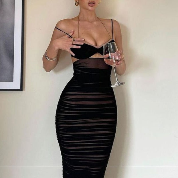 Women Spaghetti Strap Corset Cut Out Lined Long Dress Sexy Ruched Backless Elegant Bodycon - MERGE.DAY.1.FREESTYLE