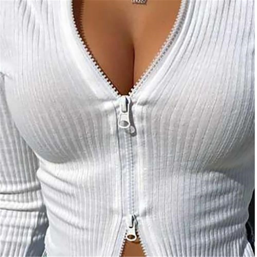 Women T-shirt Ribbed Knitted Long Sleeve Crop Tops Zipper Tee Female Slim - MERGE.DAY.1.FREESTYLE