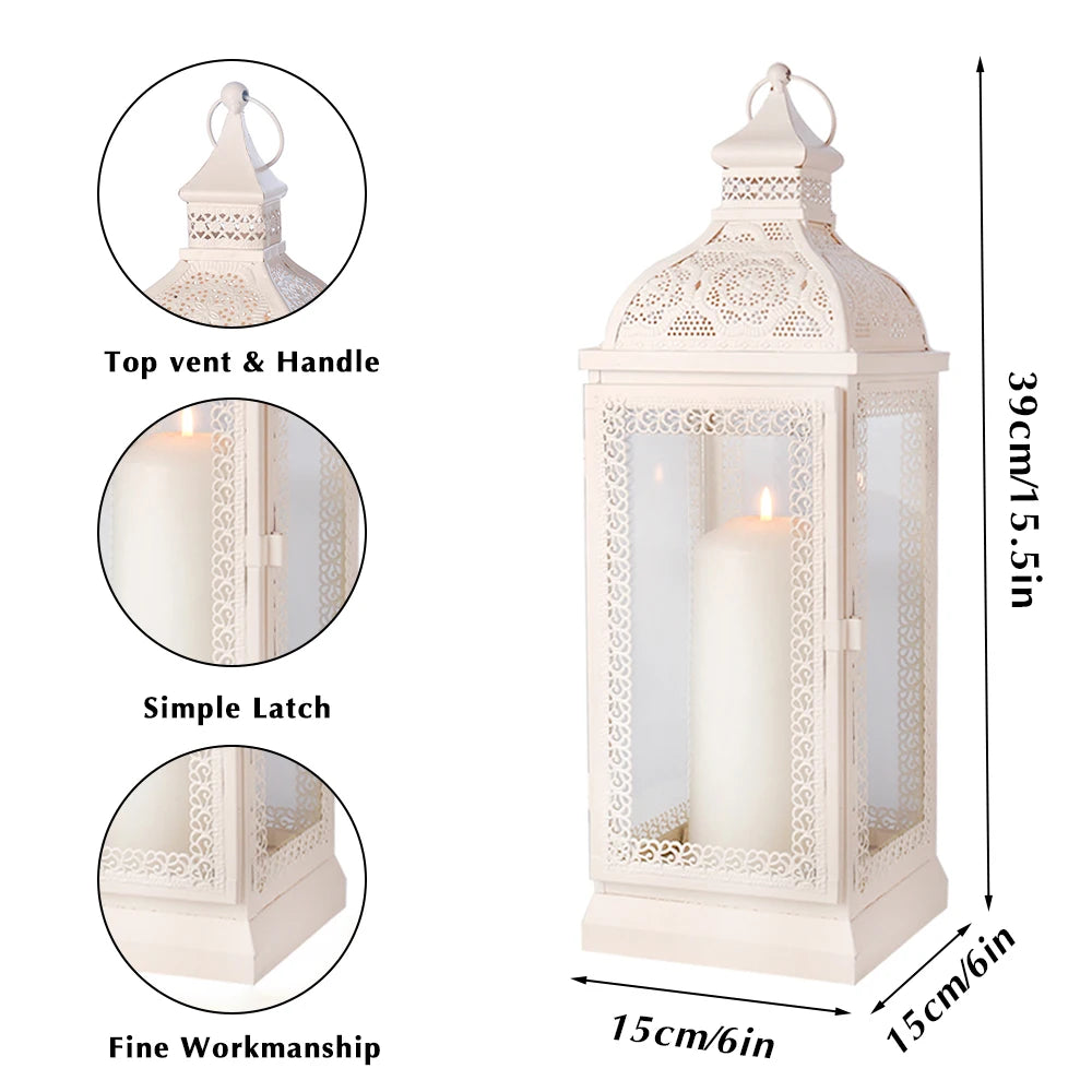 Rustic Style White Metal Candle Lantern Large Decorative Candlestick Holder with Tempered Glass for Home Decor - MERGE.DAY.1.FREESTYLE