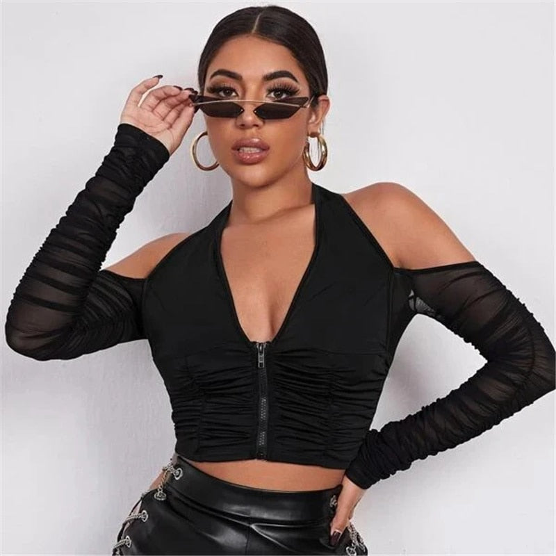 Sexy V-neck Mesh T-shirt Tops Cropped Summer Women See Through Off Shoulder Long Sleeve - MERGE.DAY.1.FREESTYLE