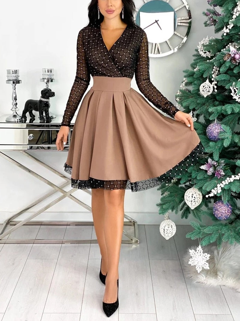 Shiny Sequin Diamond Mesh Stitching Dress Women Spring Autumn Sheer Long Sleeve Belted Slim A Line Dresses - MERGE.DAY.1.FREESTYLE