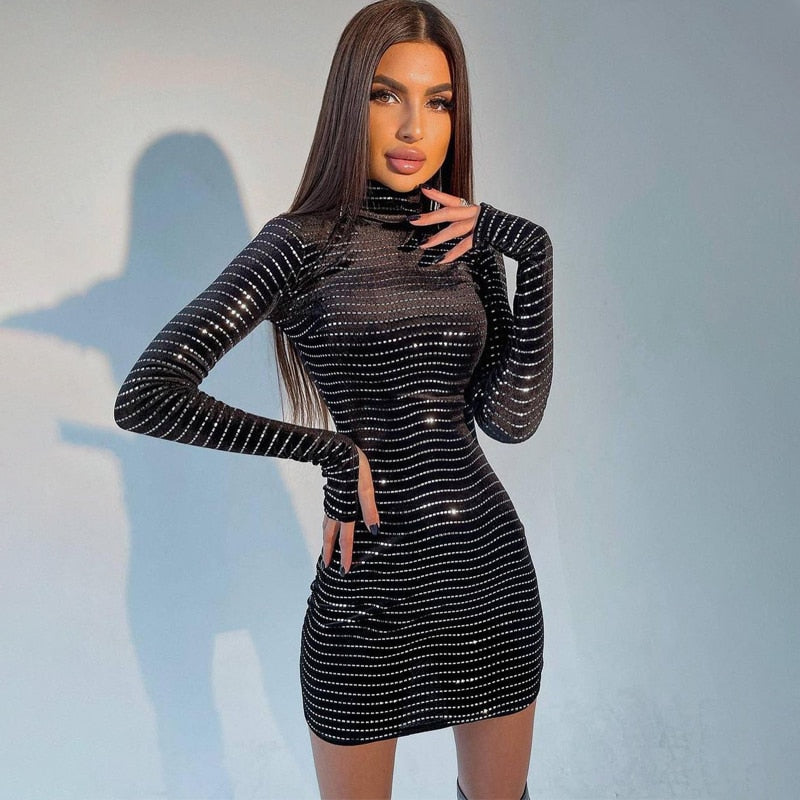 Sequins Long Sleeve Turtleneck Bodycon Slim Sexy Mini Dress Party Club Y2K - MERGE.DAY.1.FREESTYLE