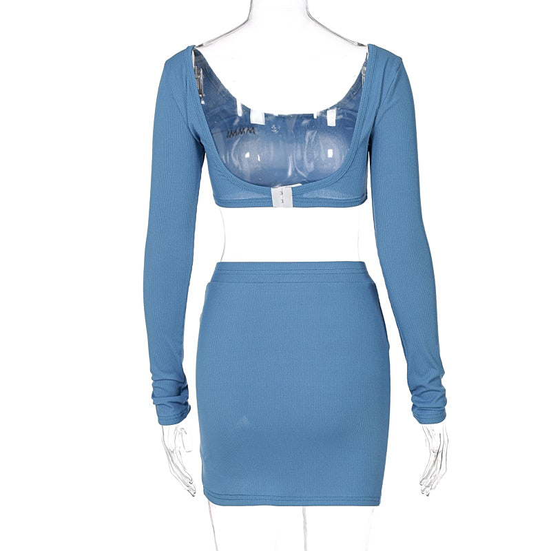 Long Sleeves Solid Navel Low Neck Bodycon Top Sexy Mini Dress Set - MERGE.DAY.1.FREESTYLE