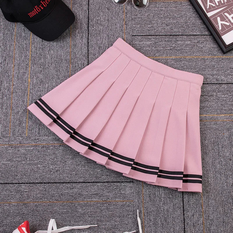 Striped Pleated Elastic Waist Female Sweet Mini Dance Plaid Skirt Y2k - MERGE.DAY.1.FREESTYLE