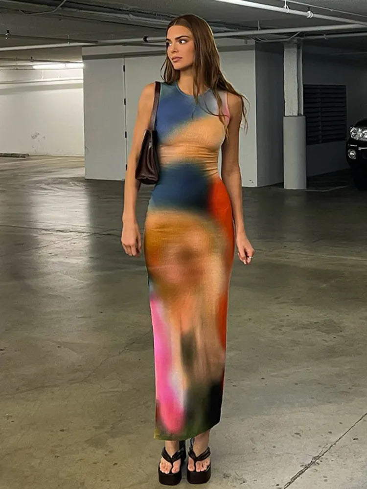 Tie Dye Print Ribbed Midi Dress Bodycon Side Slit Y2K - MERGE.DAY.1.FREESTYLE