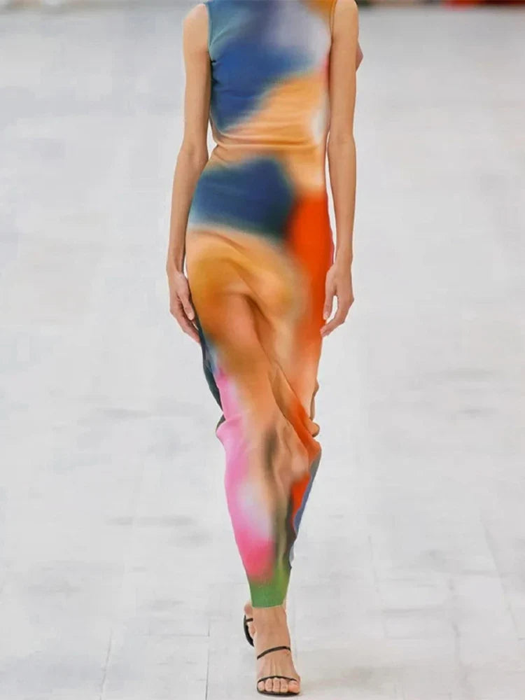 Tie Dye Print Ribbed Midi Dress Bodycon Side Slit Y2K - MERGE.DAY.1.FREESTYLE