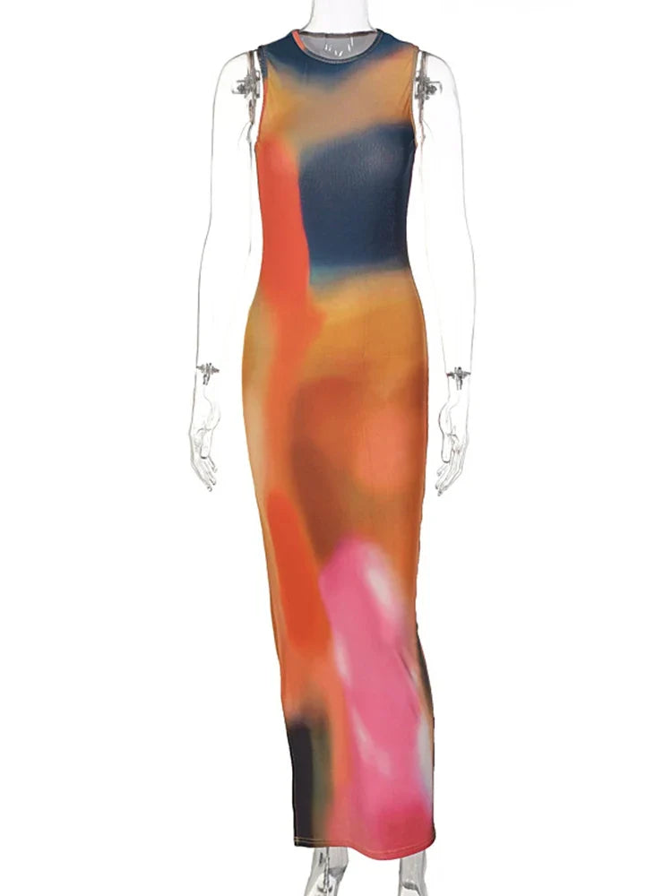 Tie Dye Print Ribbed Midi Dress Bodycon Side Slit Y2K - MERGE.DAY.1.FREESTYLE
