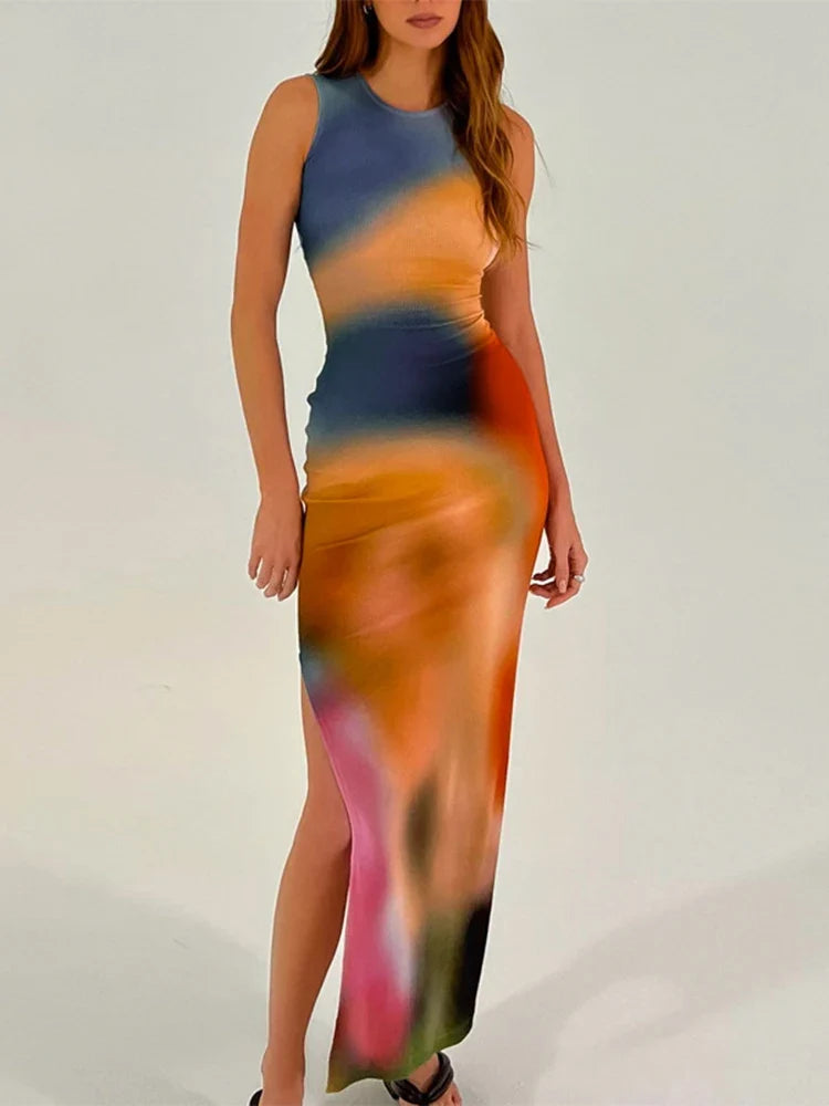 Tie Dye Print Ribbed Midi Dress Bodycon Side Slit Y2K - MERGE.DAY.1.FREESTYLE