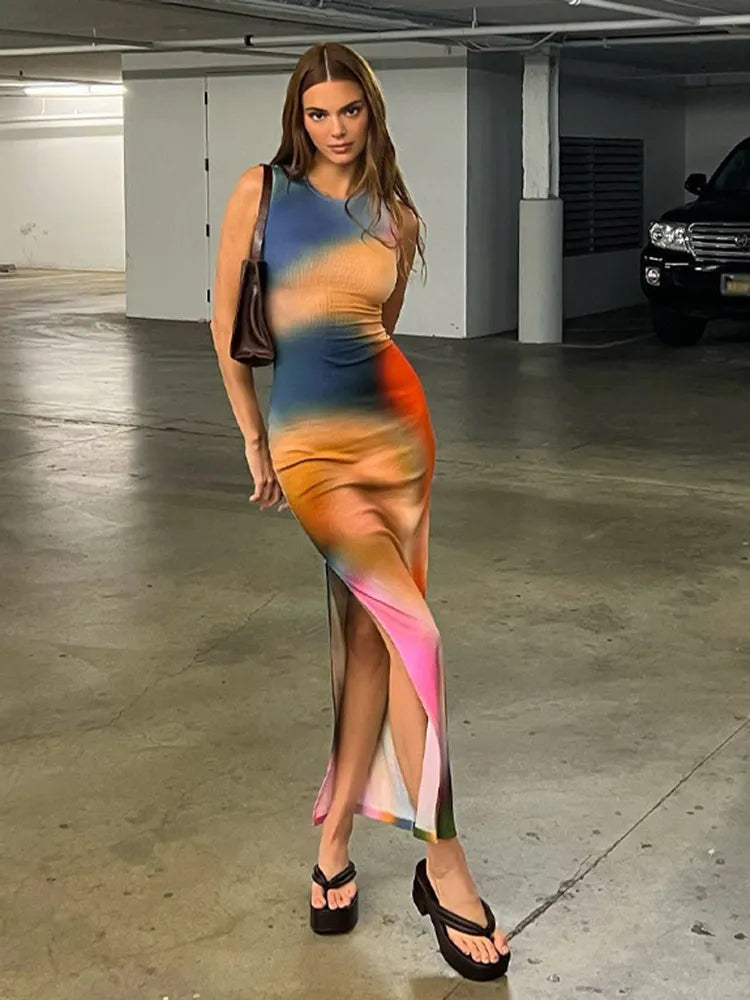 Tie Dye Print Ribbed Midi Dress Bodycon Side Slit Y2K - MERGE.DAY.1.FREESTYLE