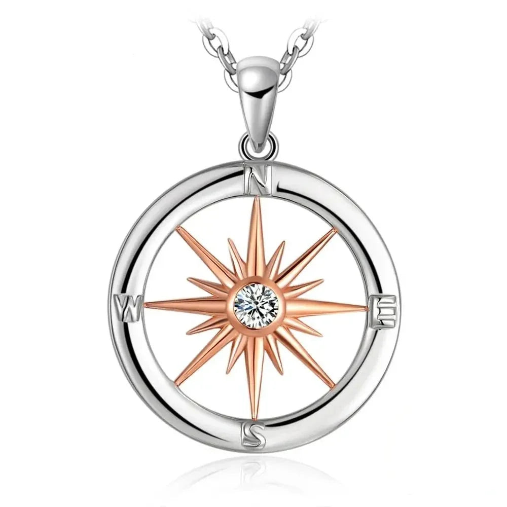 Sun Star Compass Necklace Circle Rose Gold Cubic Zirconia Pendant - MERGE.DAY.1.FREESTYLE
