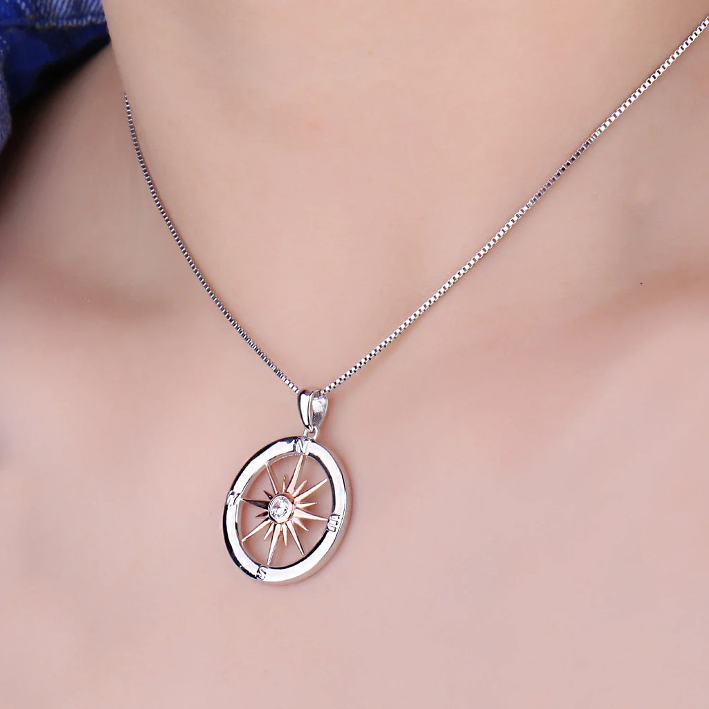 Sun Star Compass Necklace Circle Rose Gold Cubic Zirconia Pendant - MERGE.DAY.1.FREESTYLE