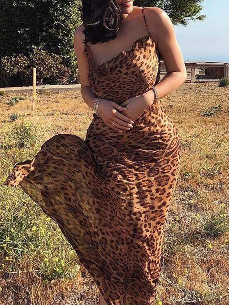 Leopard Print V-Neck Sexy Bodycon Long Dress Women Lace Up Backless Beach Vestidos - MERGE.DAY.1.FREESTYLE