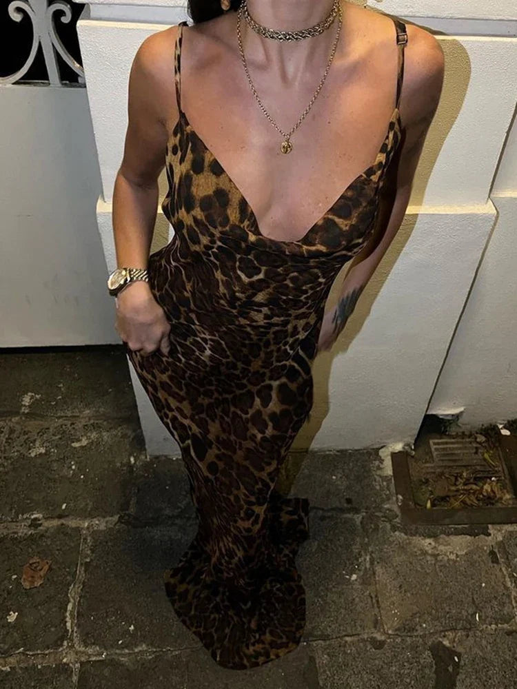 Leopard Print V-Neck Sexy Bodycon Long Dress Women Lace Up Backless Beach Vestidos - MERGE.DAY.1.FREESTYLE
