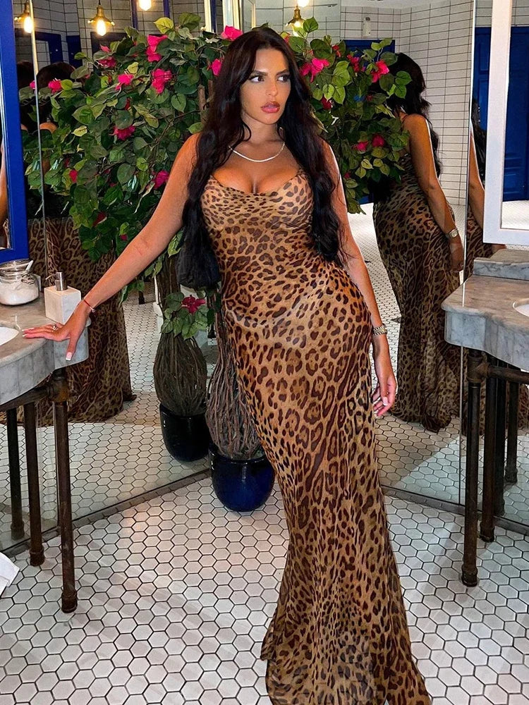 Leopard Print V-Neck Sexy Bodycon Long Dress Women Lace Up Backless Beach Vestidos - MERGE.DAY.1.FREESTYLE