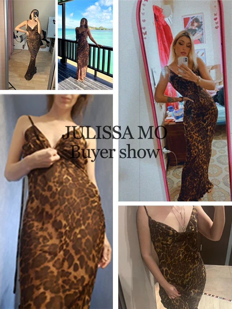 Leopard Print V-Neck Sexy Bodycon Long Dress Women Lace Up Backless Beach Vestidos - MERGE.DAY.1.FREESTYLE
