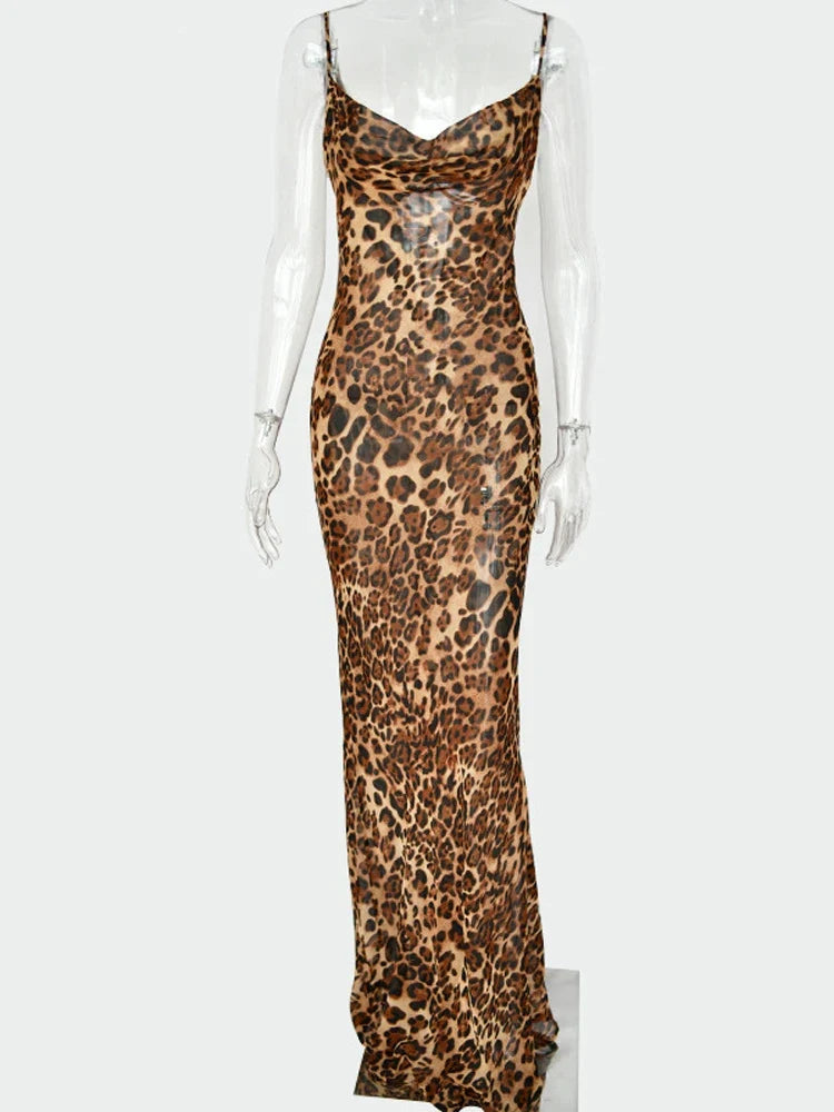 Leopard Print V-Neck Sexy Bodycon Long Dress Women Lace Up Backless Beach Vestidos - MERGE.DAY.1.FREESTYLE