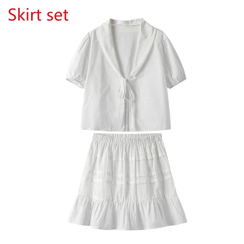 Lace Up Doll Collar Shirt Skirt Sets Short Puff Sleeve Top Suit Pleat Mini Skirts - MERGE.DAY.1.FREESTYLE