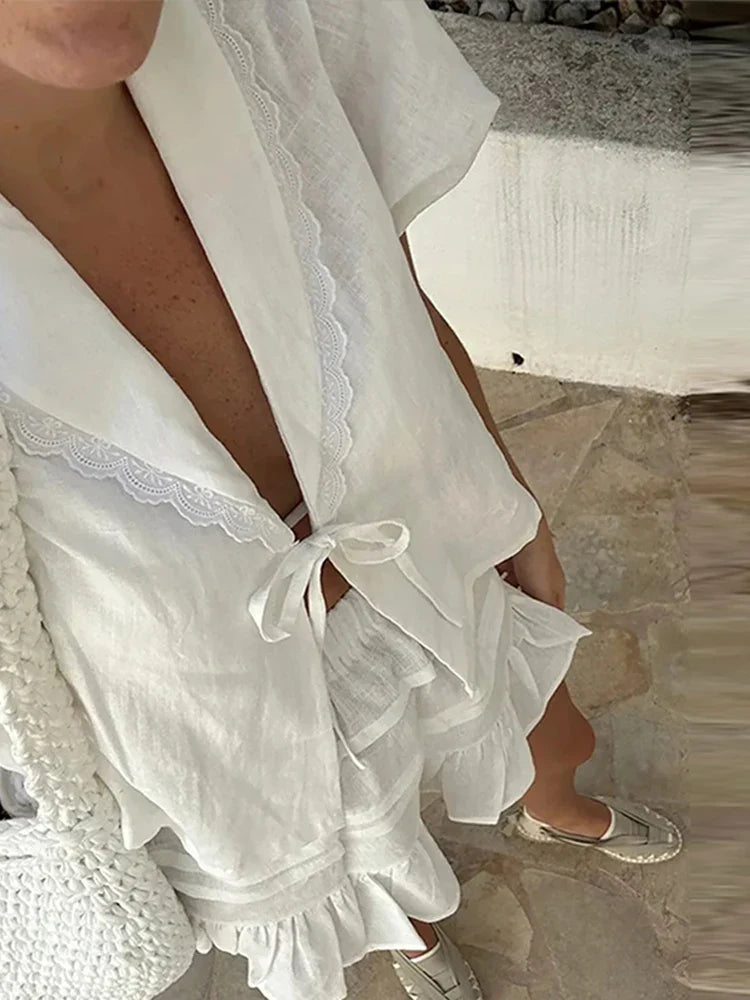 Lace Up Doll Collar Shirt Skirt Sets Short Puff Sleeve Top Suit Pleat Mini Skirts - MERGE.DAY.1.FREESTYLE