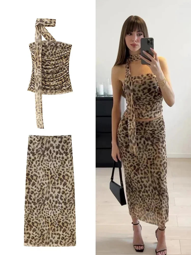 Leopard Print Wrapped Suit Backless Sleeveless Tops Skirts - MERGE.DAY.1.FREESTYLE