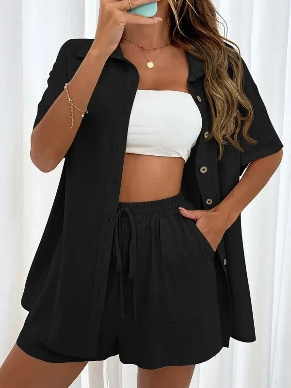 Summer Single breasted Top Broad legged Shorts Set Solid Suits - MERGE.DAY.1.FREESTYLE