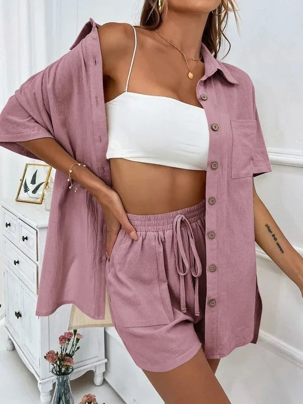 Summer Single breasted Top Broad legged Shorts Set Solid Suits - MERGE.DAY.1.FREESTYLE
