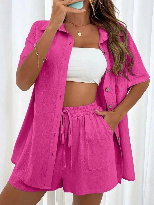 Summer Single breasted Top Broad legged Shorts Set Solid Suits - MERGE.DAY.1.FREESTYLE