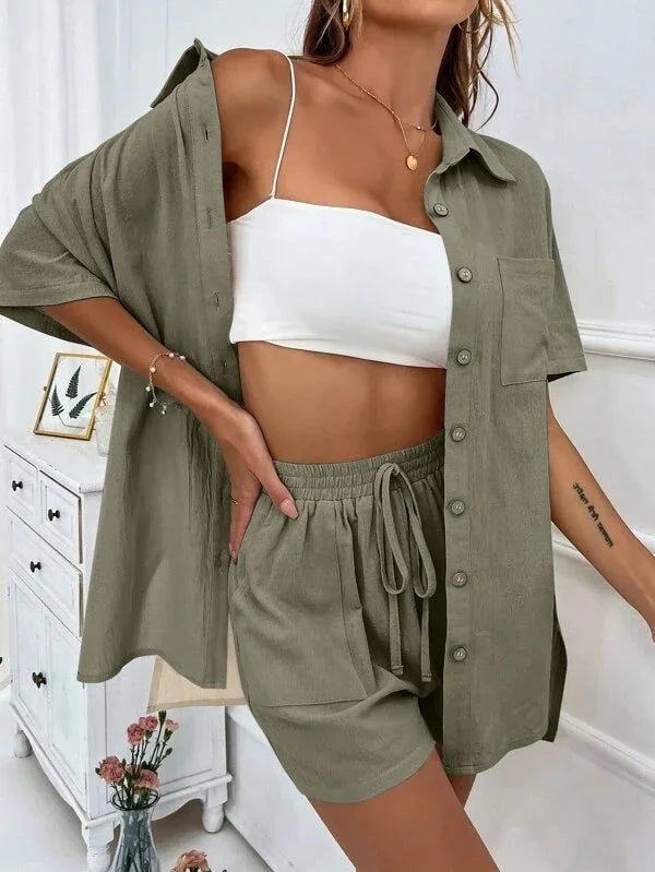 Summer Single breasted Top Broad legged Shorts Set Solid Suits - MERGE.DAY.1.FREESTYLE