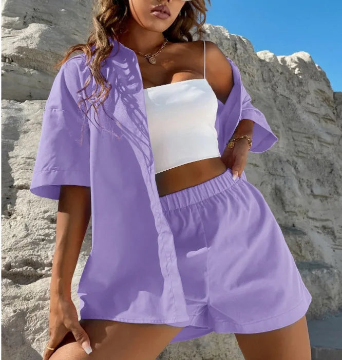 Summer Single breasted Top Broad legged Shorts Set Solid Suits - MERGE.DAY.1.FREESTYLE