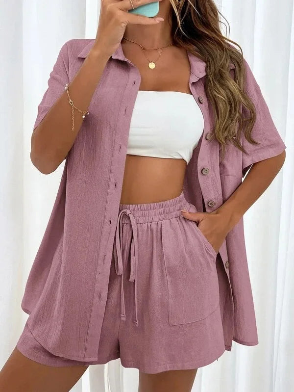 Summer Single breasted Top Broad legged Shorts Set Solid Suits - MERGE.DAY.1.FREESTYLE
