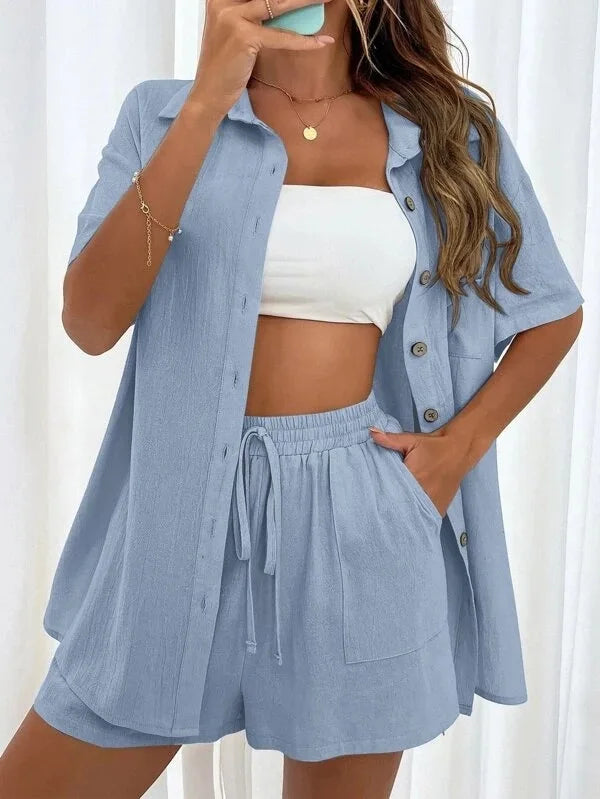 Summer Single breasted Top Broad legged Shorts Set Solid Suits - MERGE.DAY.1.FREESTYLE