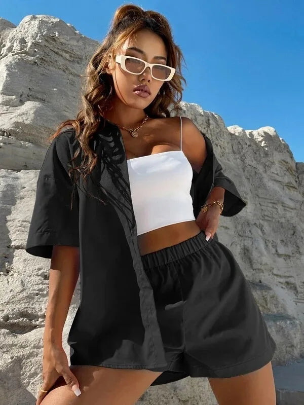 Summer Single breasted Top Broad legged Shorts Set Solid Suits - MERGE.DAY.1.FREESTYLE