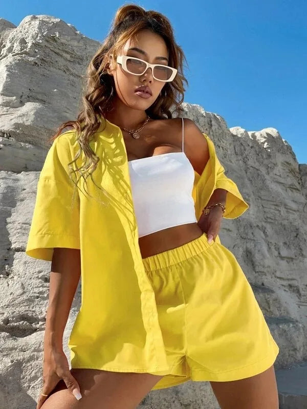Summer Single breasted Top Broad legged Shorts Set Solid Suits - MERGE.DAY.1.FREESTYLE