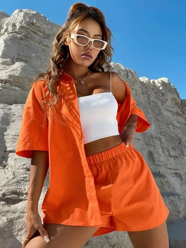 Summer Single breasted Top Broad legged Shorts Set Solid Suits - MERGE.DAY.1.FREESTYLE