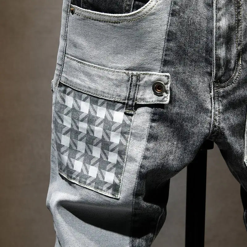 Streetwear 90s Slim Cowboy Grey Stretch Work Wear Splice Long Pants Man - MERGE.DAY.1.FREESTYLE