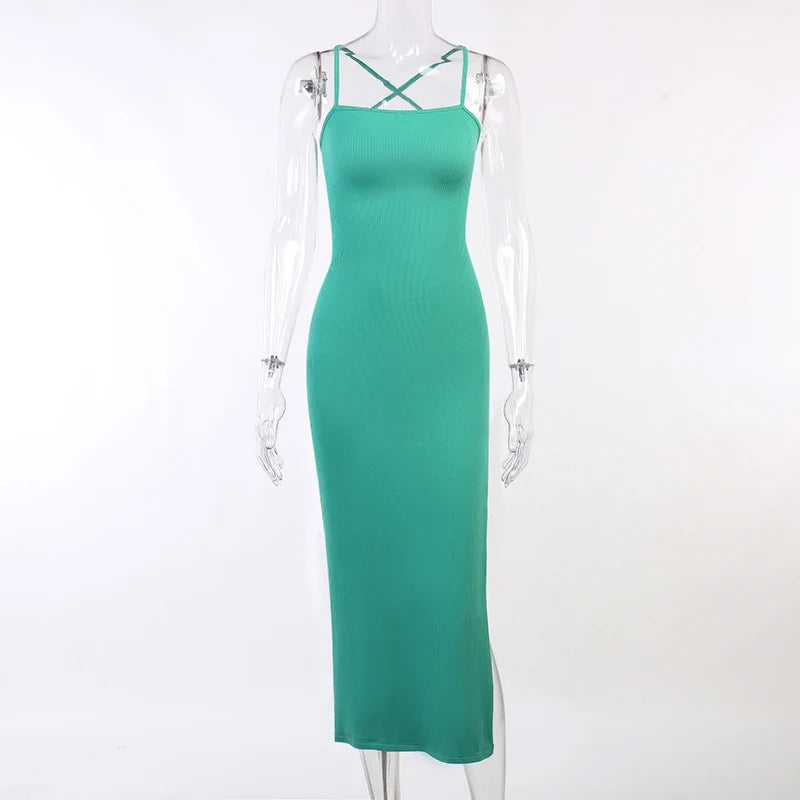 Backless Halter Neck Split Bandage Bodycon Dress - MERGE.DAY.1.FREESTYLE