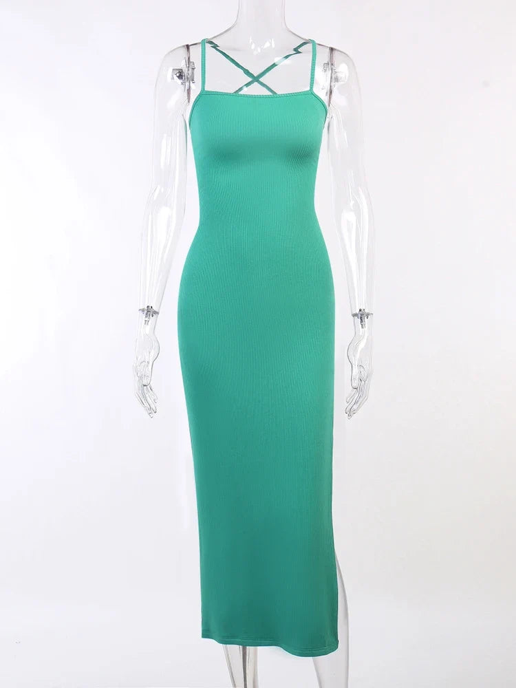Backless Halter Neck Split Bandage Bodycon Dress - MERGE.DAY.1.FREESTYLE