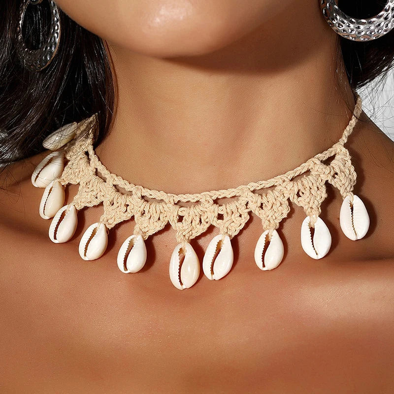 Shell Choker Necklace Natural Sea Cowrie Shell Rope Chain Choker Necklace - MERGE.DAY.1.FREESTYLE
