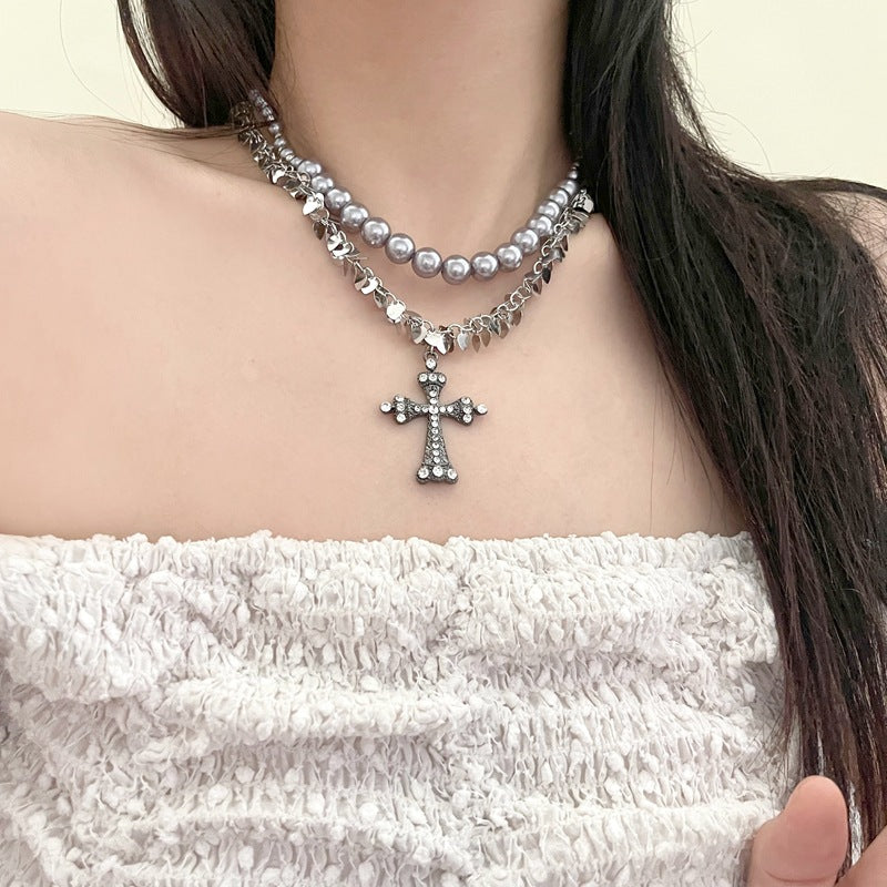 rosary necklace Gray pearl cross necklace - MERGE.DAY.1.FREESTYLE