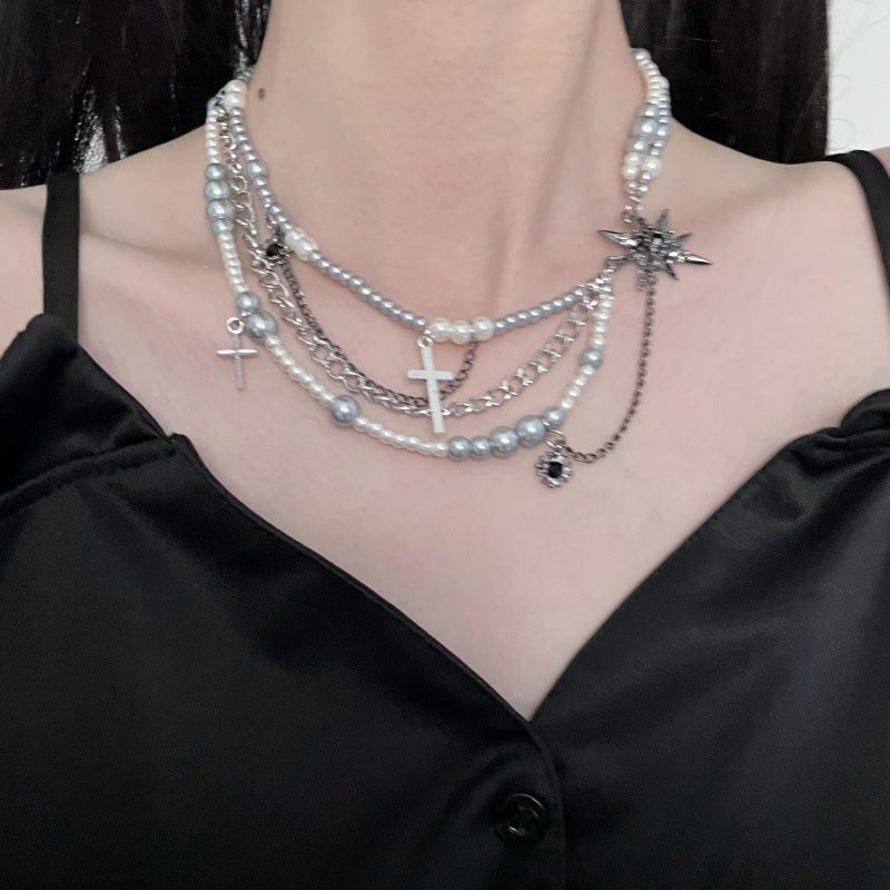 Cross star-shaped pearl multi-layered necklace - MERGE.DAY.1.FREESTYLE