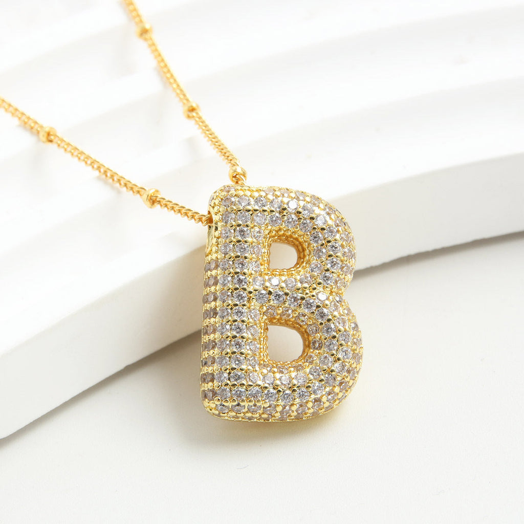 Bubble Initial Necklace 14k Gold Plated Cubic Zirconia - MERGE.DAY.1.FREESTYLE