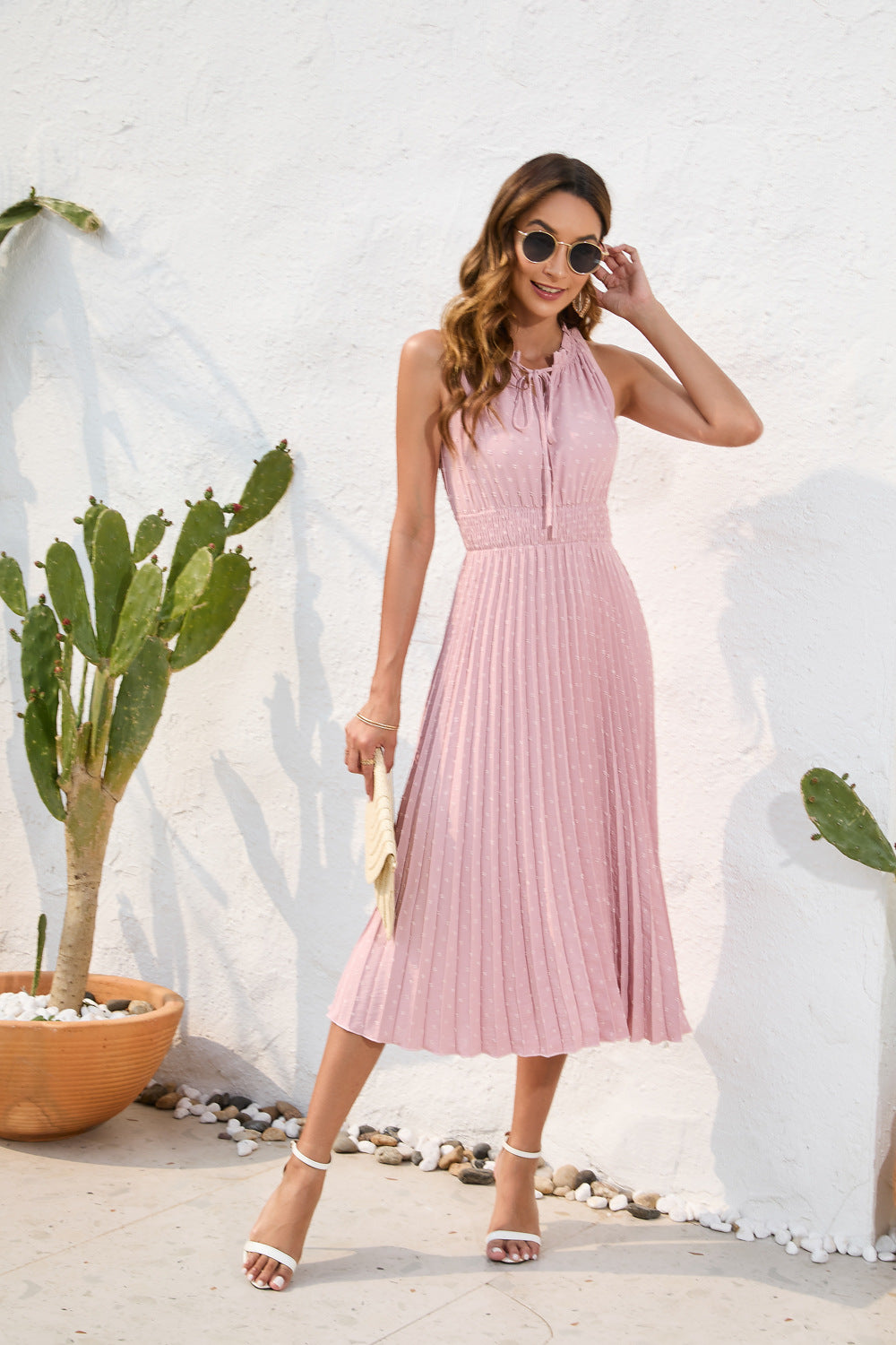 Tie High Waist Pleated Pom Dress Sleeveless Summer Dress - MERGE.DAY.1.FREESTYLE