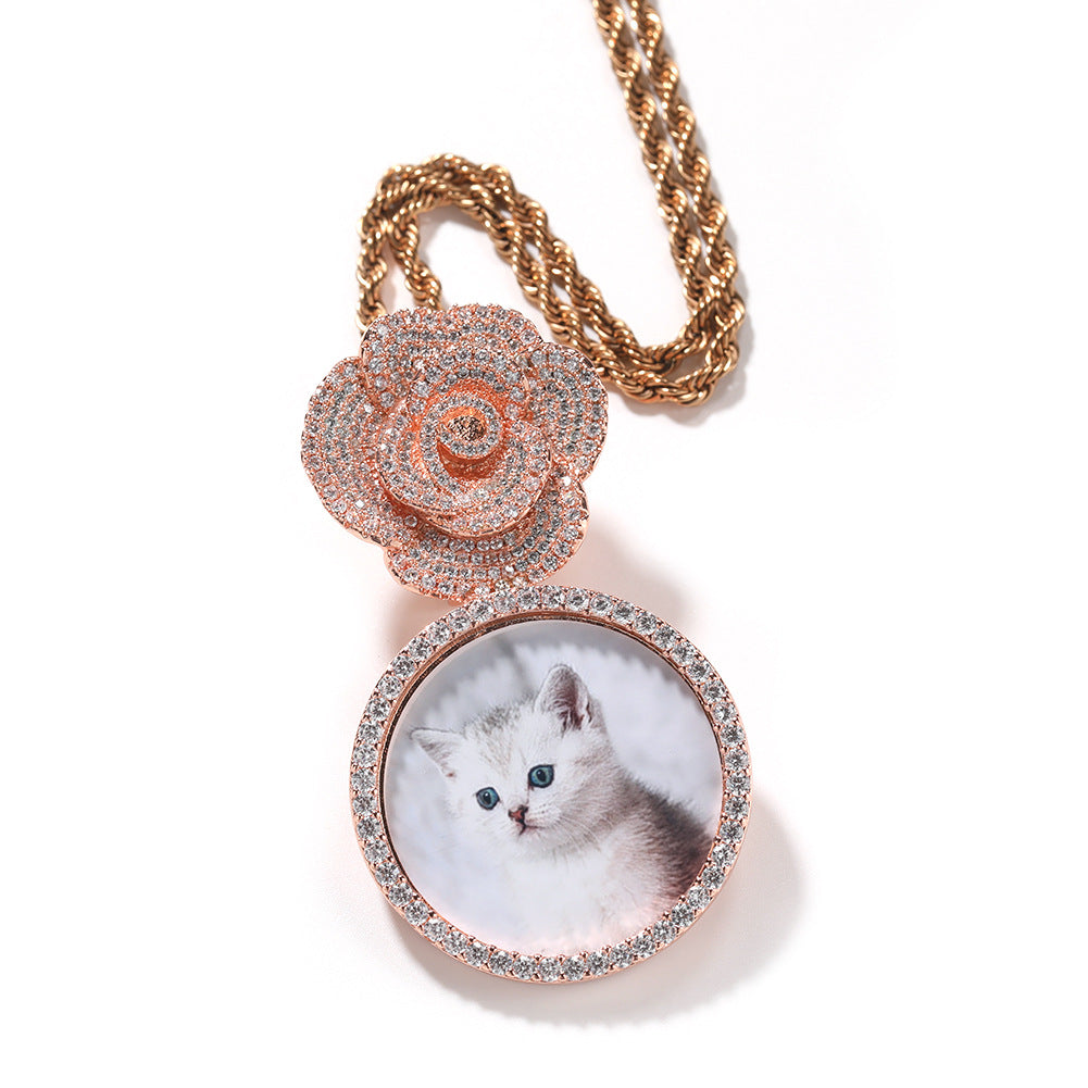 Copper Zircon Round DIY Photo Pendant Rose Button Diamond Necklace - MERGE.DAY.1.FREESTYLE